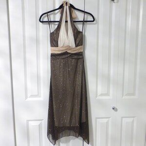 LE CHATEAU brown and gold sparkles halter cocktail dress